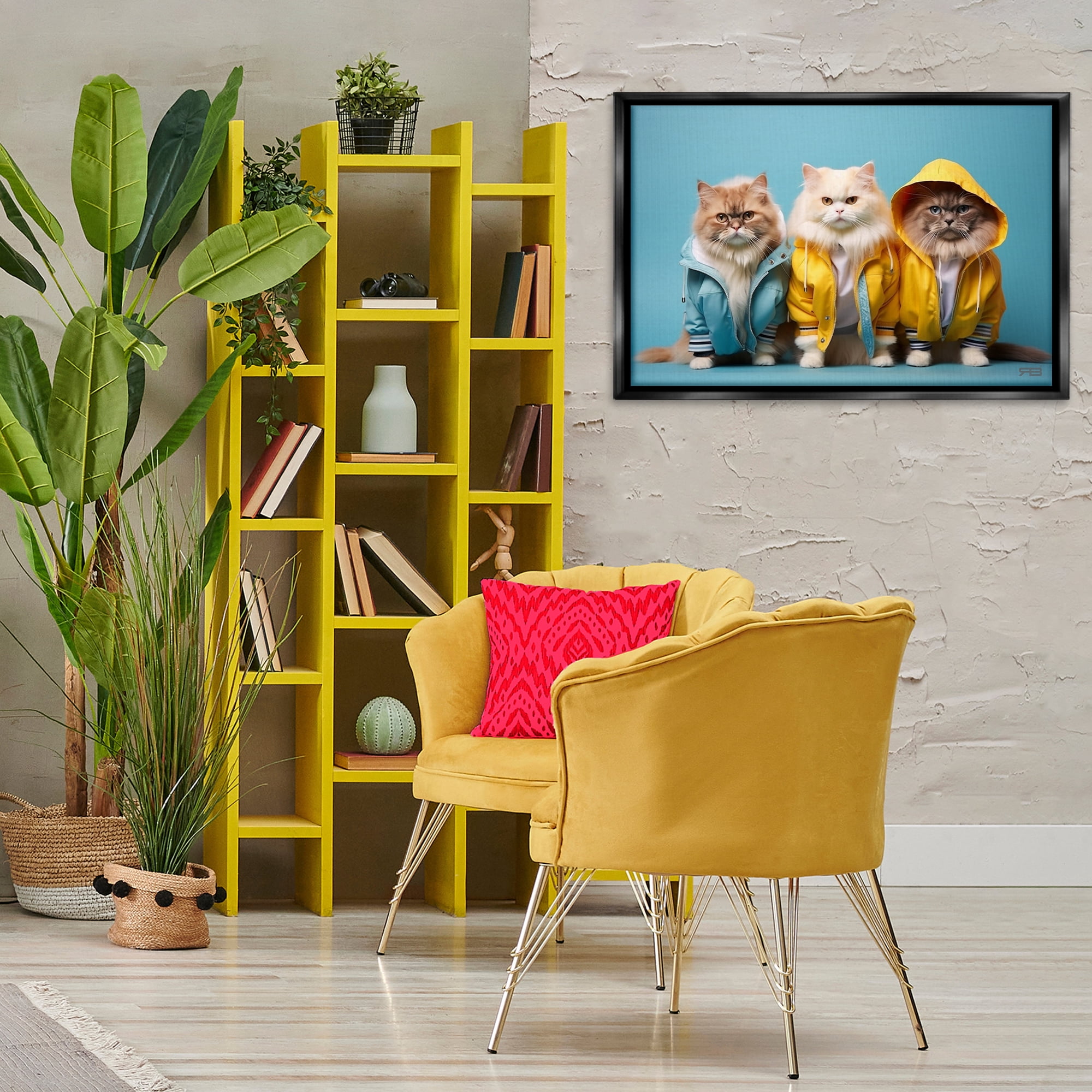 Stupell Industries Funny Stylish Cats Animals & Insects Painting Black Floater Framed Canvas Art Print Wall Art, 31 x 21