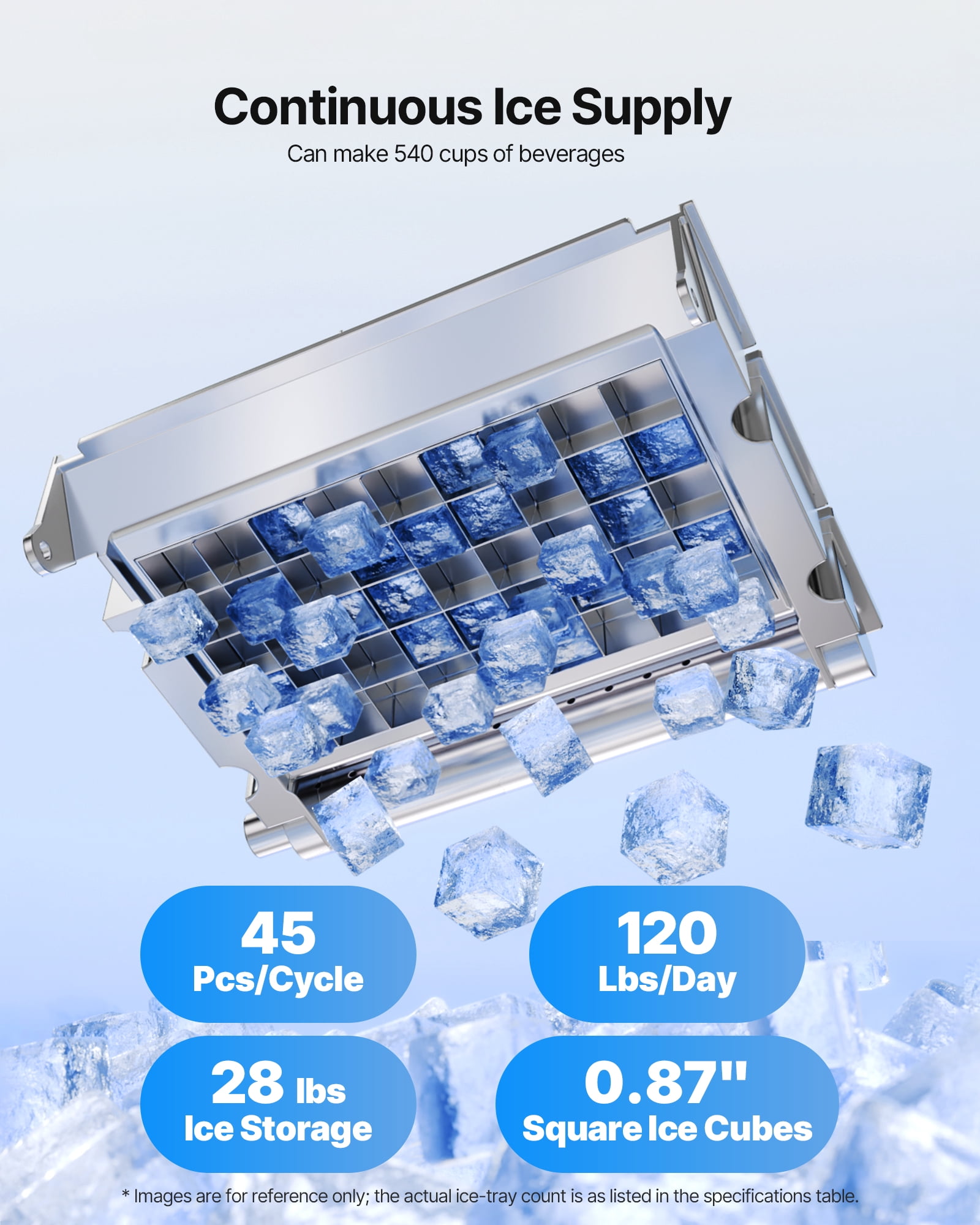 VEVOR Commercial Ice Maker Machine, 120 lbs/24h with 28Lbs Storage, 45 Cubes per Cycle, Stainless Steel Freestanding & Under Counter Ice Maker with LED Display & Self-Cleaning,for Home Bar Restaurant