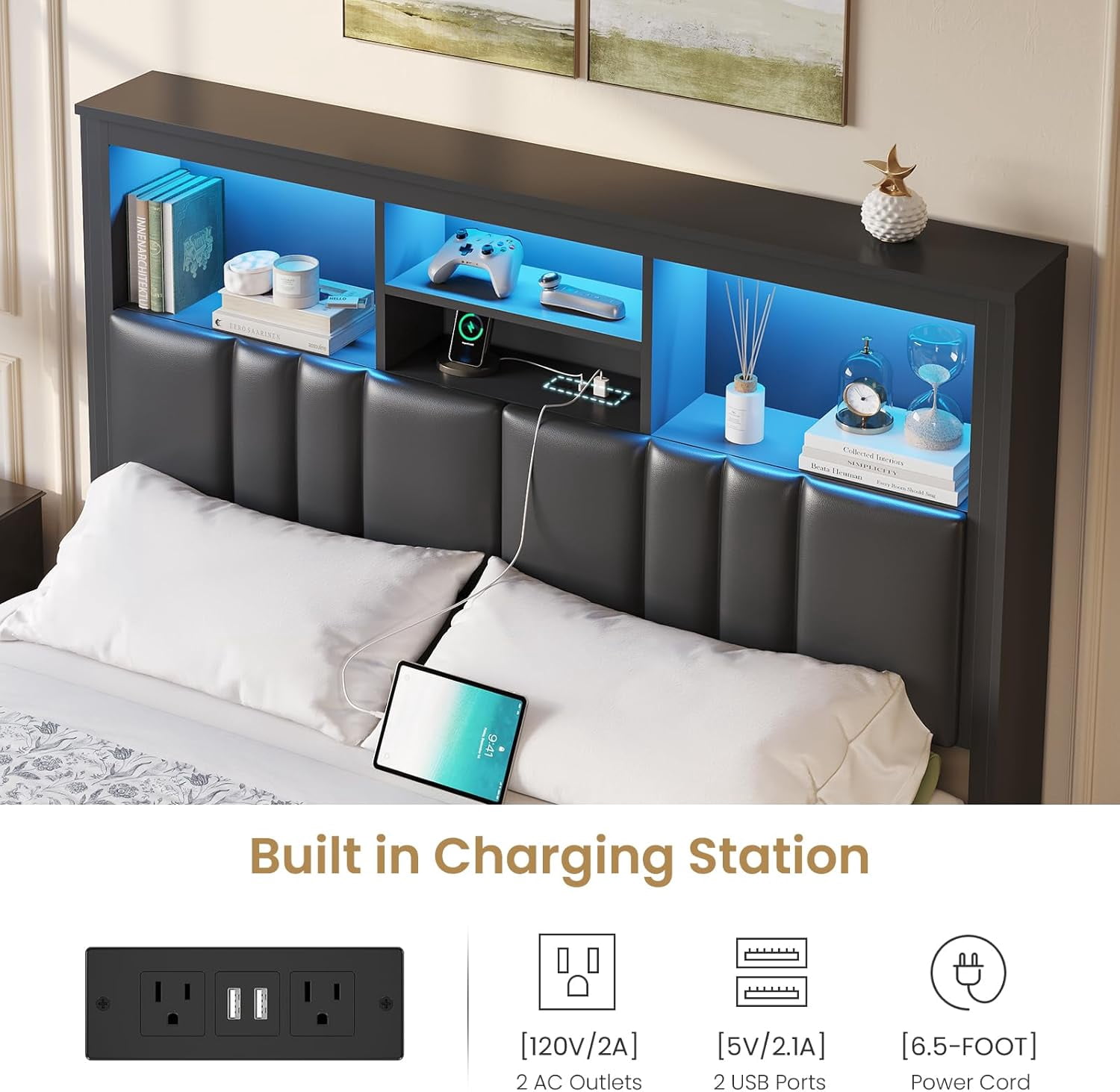 Mabor Queen Size Bed with 4 Drawers,Bed Frame with Upholstered Bookcase Headboard & Hidden Storage,Queen Size Bed Frame with LED Lights and Charging Station, Heavy-Duty Metal Platform Bed,Black