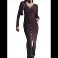 thumbnail image 2 of Vestido Midi de Punto Acanalado para Mujer, Estilo Informal, Cuello en V, Larga, Ajustado, para Otoño de 2025 Marrón XL, 2 of 8