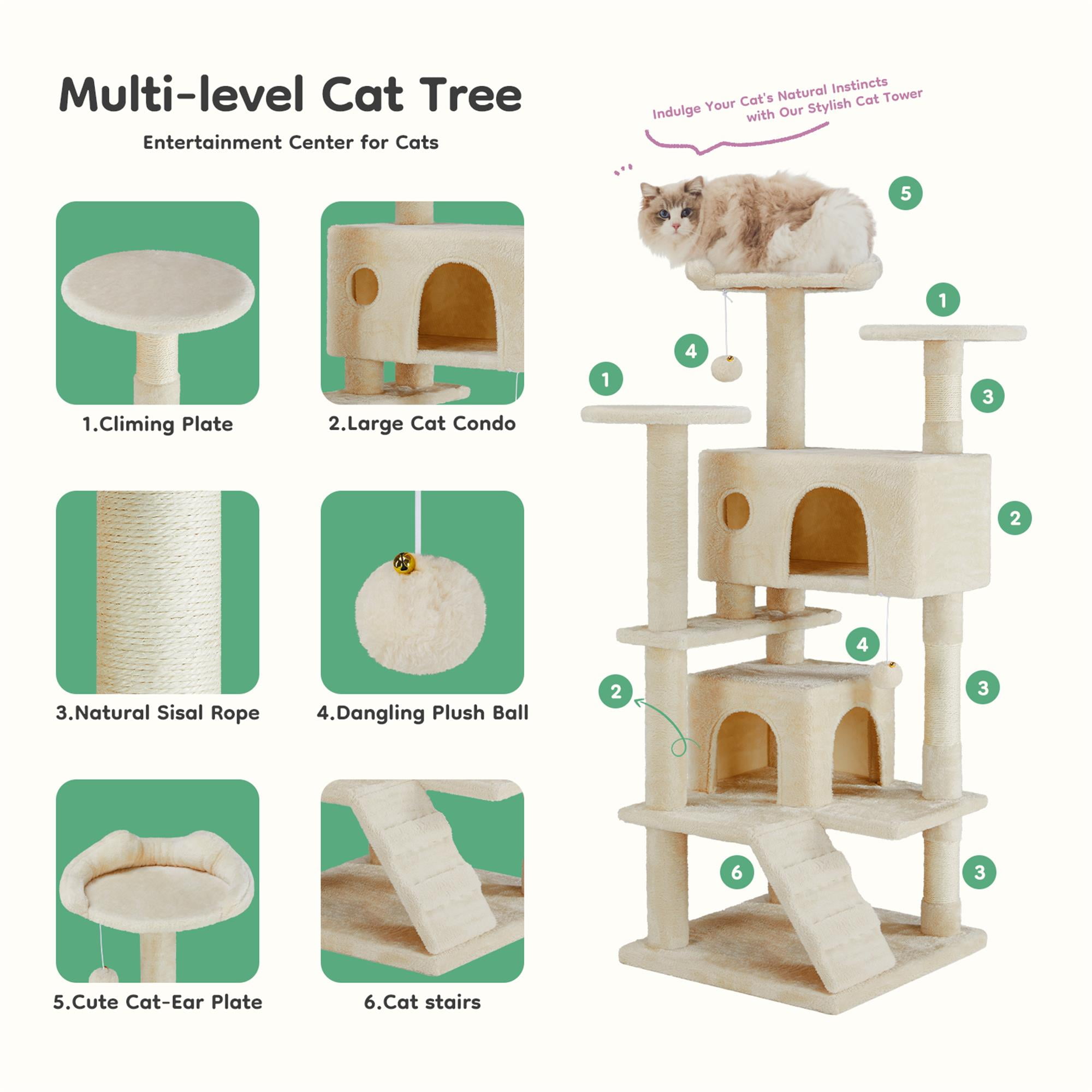 resenkos 54" Multi-Level Cat Tree Tower, Indoor Cat Tree House, Pet Playroom with Large Condo, Beige