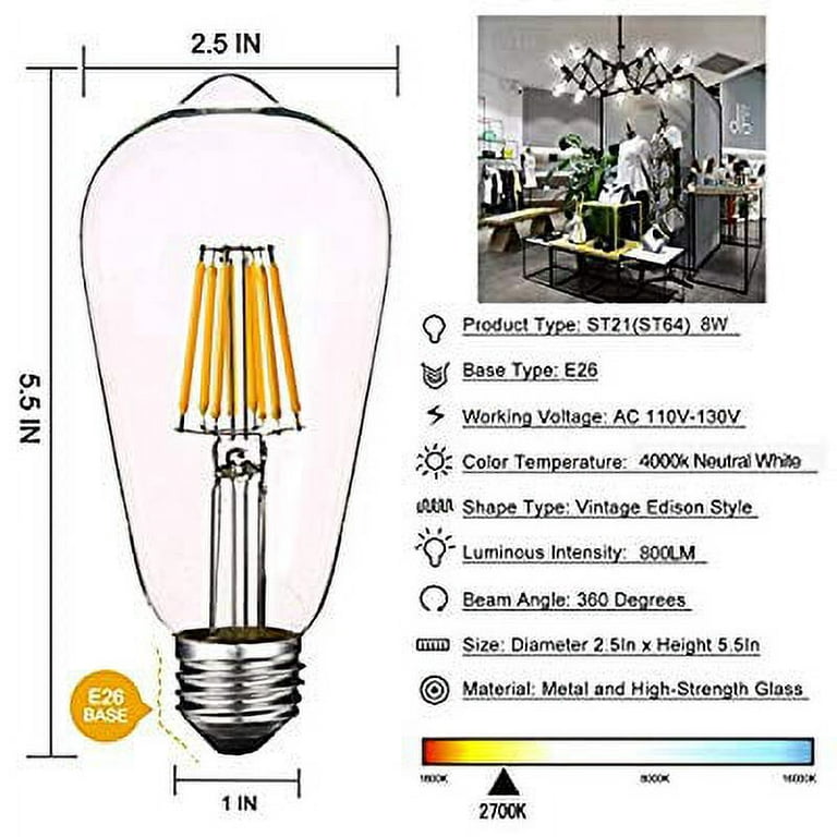 Dimmable 8W Edison LED Bulb 4000K Daylight White 800LM, 80W Equivalent E26  Medium Base, ST64(ST21) Vintage Filament LED Bulbs, Clear Glass Cover, Pack  of 4 