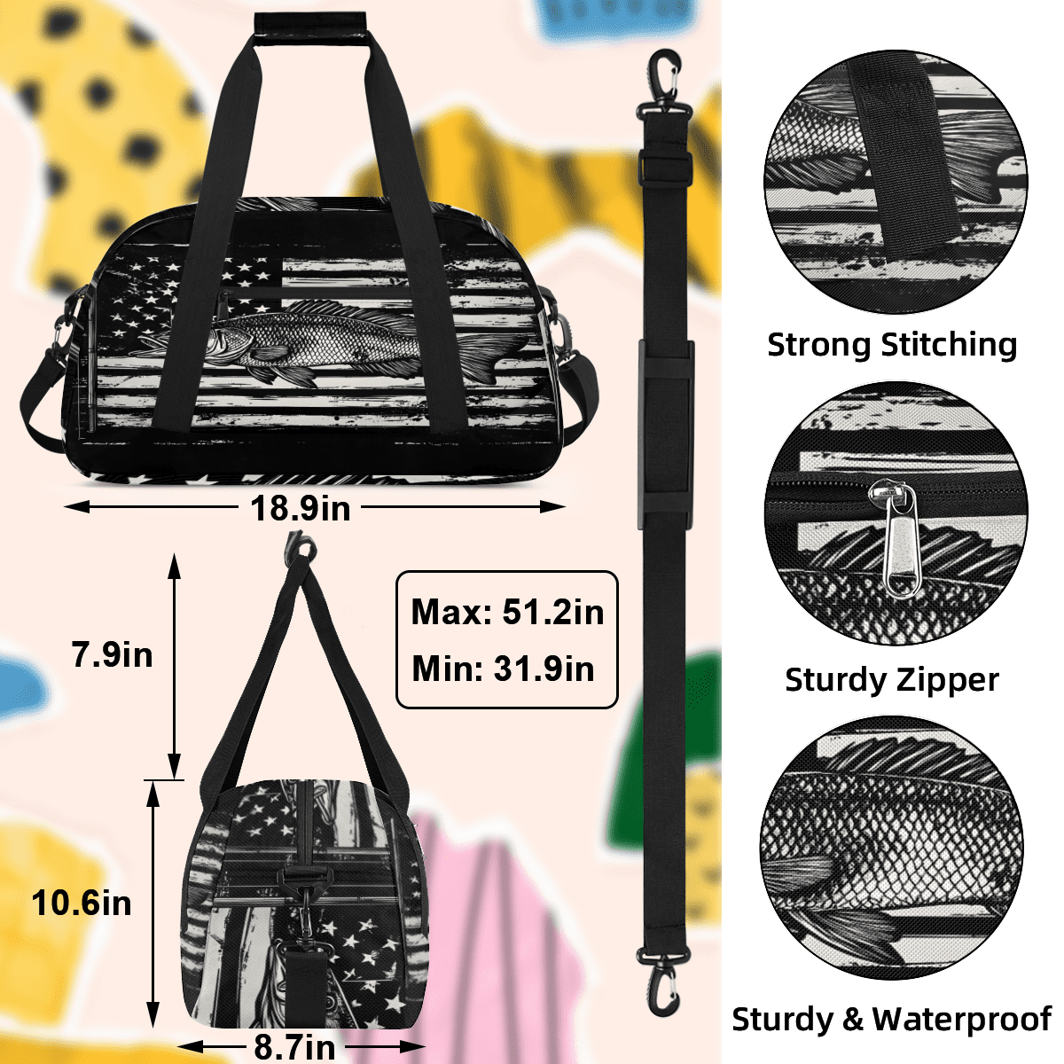 Herdesigns American Flag Sports Duffle Bags Travel Duffle Bag Gym Bag Bass Fish Weekender Travel Bag Waterproof Overnight Bag Carry On Travel Tote Bag Dance Bags