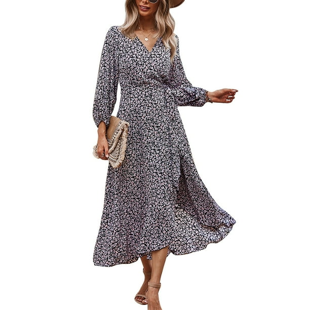 Vestido de una pieza informal de manga larga, vestido floral con cintura cruzada para mujer, vestido de cuello en V y manga larga para mujer, vestido cruzado de manga larga compacto y ligero