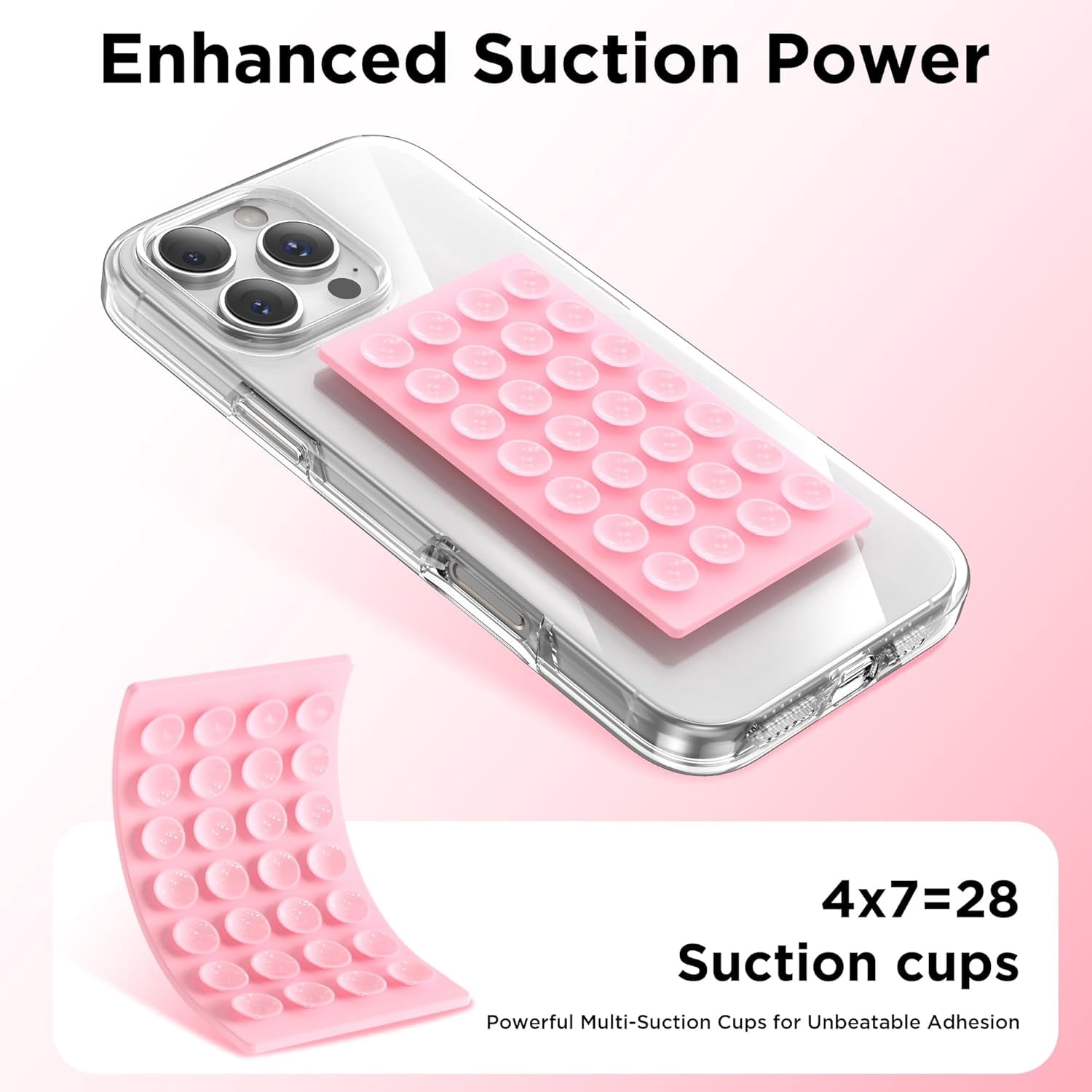 MKEUDQ-2 Pack Silicone Suction Cup Phone Case Mount Double-Sided, Hands-Free Strong Grip Holder for iPhone and Android, Sticky Phone Stand for Selfies and Videos, Pink+Transparent