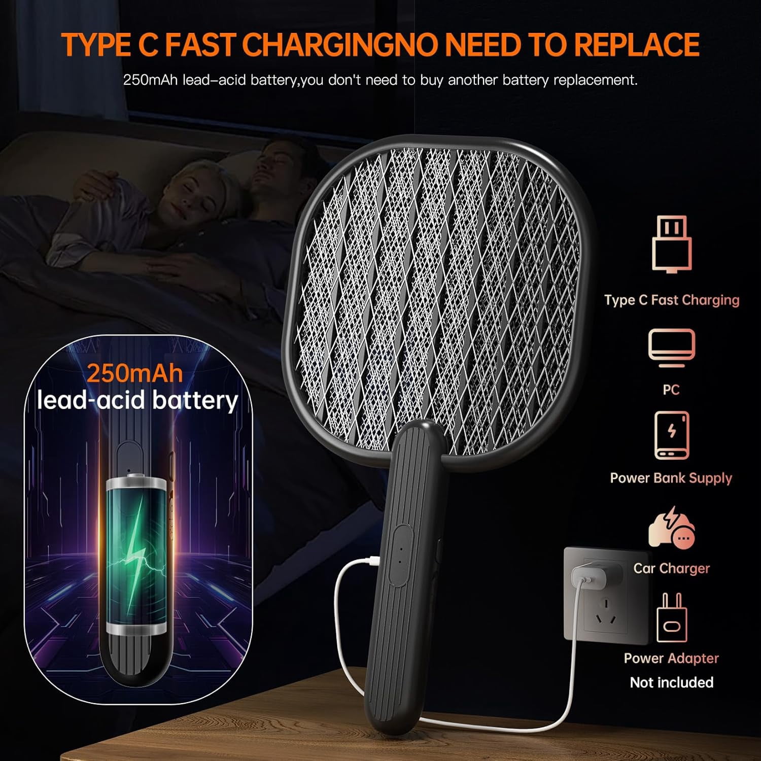 Electric Fly Swatter Bug Zapper: 3500V Mosquito Killer Racket with USB Rechargeable Insect Trap Pest Control Handheld Lightweight 5-Layer Safety Mesh for Indoor Home Office Backyard Patio Camping