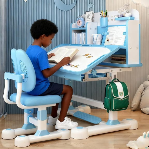 YNCE Kids Desk and Chair Set, Study Table with Golden Distance Design, Homeschooling Writing Desk with Desktop for Boys and Girls