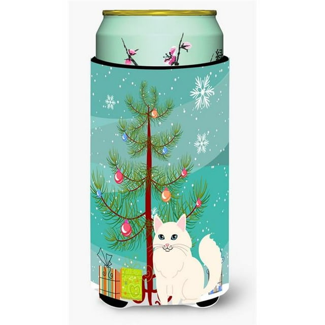 Turkish Angora Cat Merry Christmas Tree Tall Boy Beverage Insulator Hugger