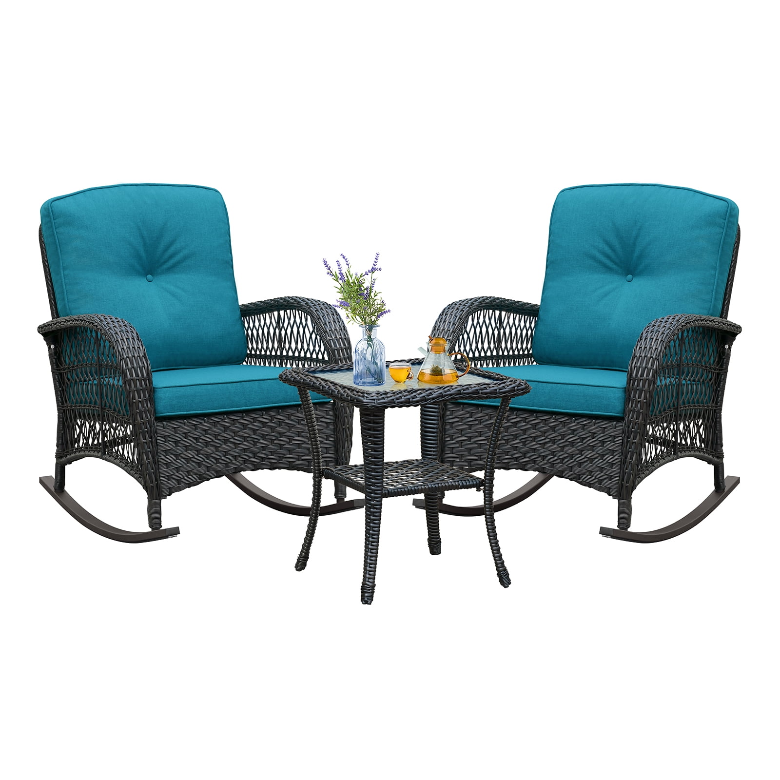 ATR ART to REAL Patio Wicker Rocking Furniture Sets,Rattan Rocker Chair Sets with Side Table for Porch, Peacock Blue