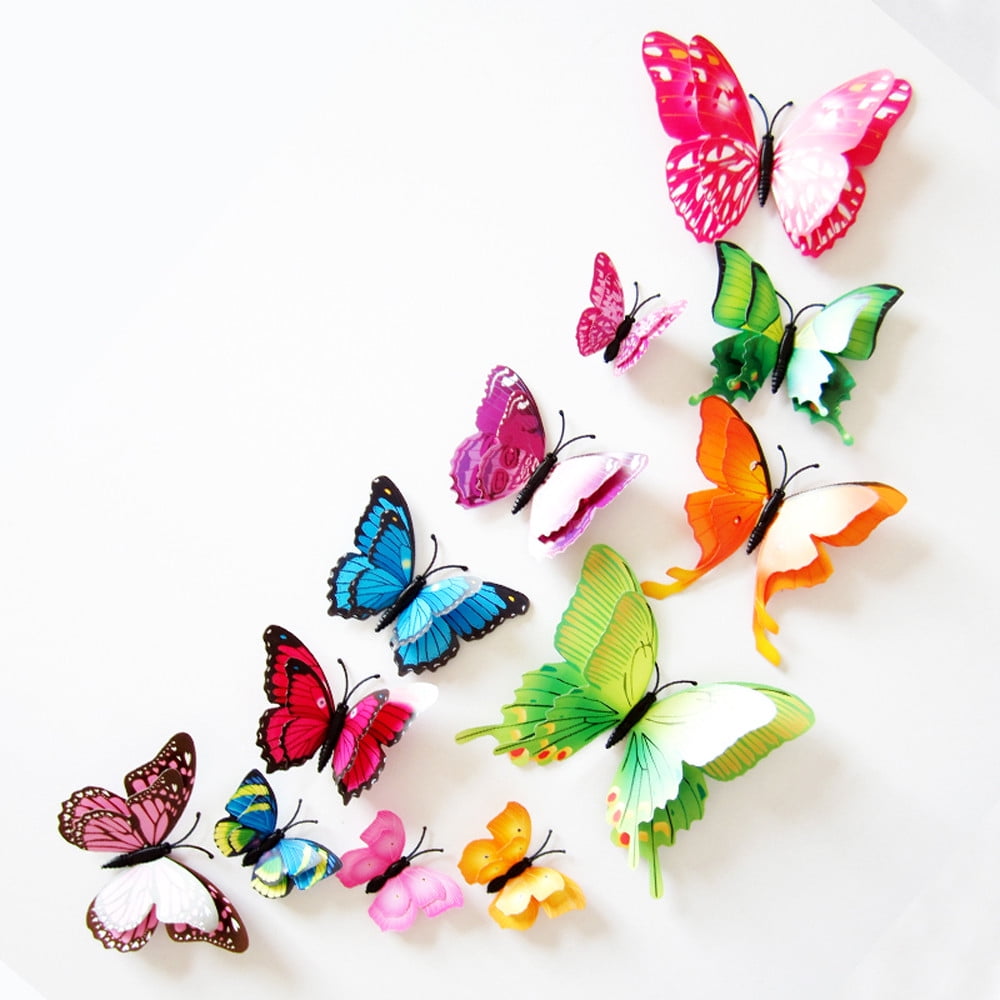 1 Set  Decal PVC Wall Stickers Home Decorations 3D Butterfly Rainbow 12pcs 