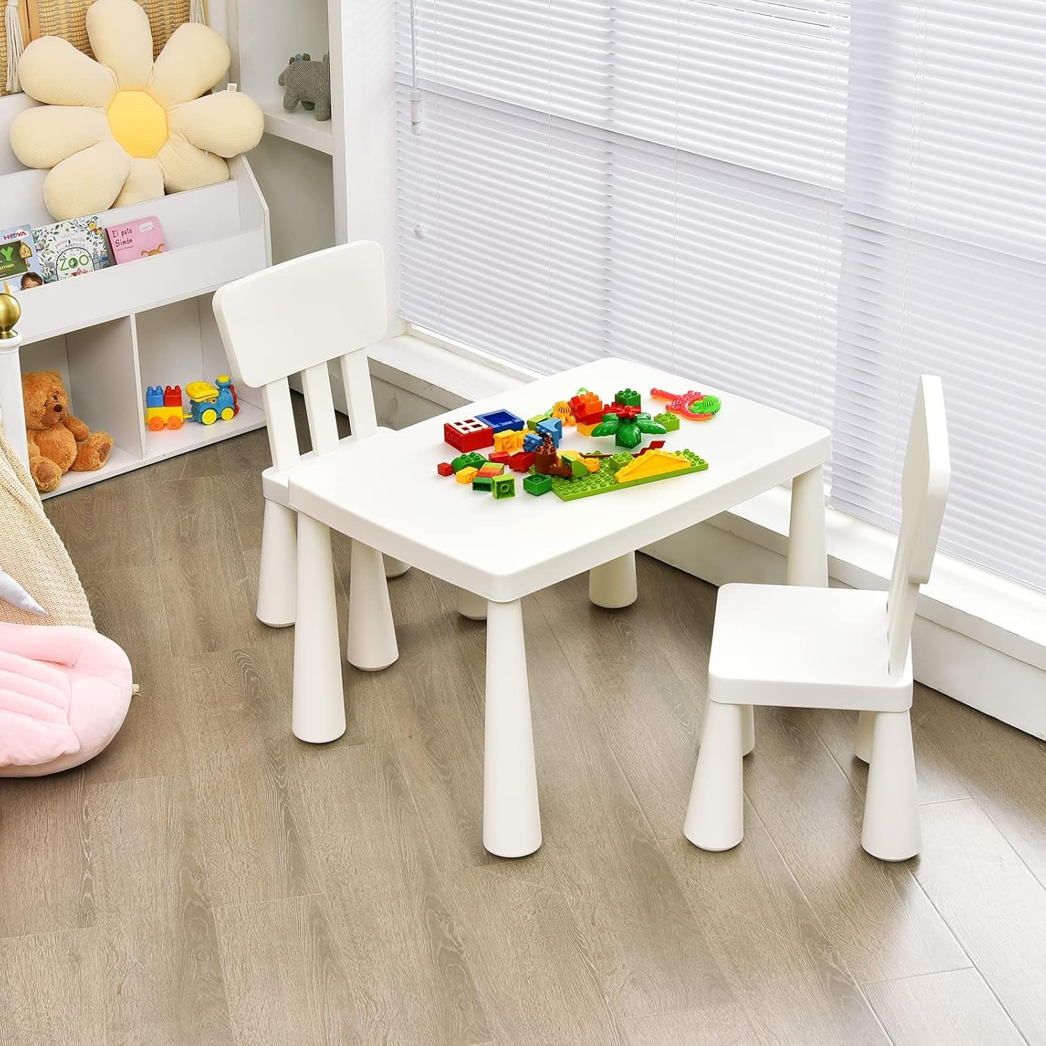 MAT EXPERT Kids Table and Chairs, 3-Piece Kids Furniture Activity Table for Reading, Learning, Eating, Toddler Table and Chair Set for Daycare Kindergarten Playroom, Ideal for Boys & Girls (White)