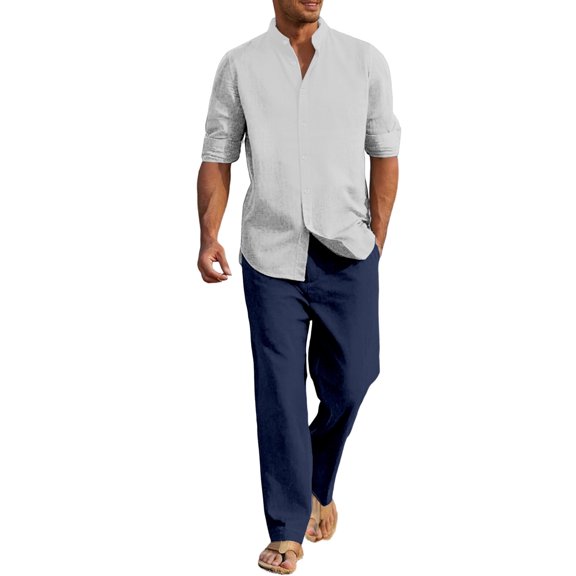 CONZONE Mens 2 Peice Cotton Linen Set Summer Outfits for Men Solid Color Long Sleeve Buttons Shirts Pants Cozy Lightweight Beach Jogging Tracksuit