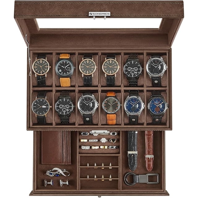 SONGMICS 12-Slot Watch Box, Lockable Watch Case with Glass Lid, 2 Layers, Brown Synthetic Leather, Brown Lining