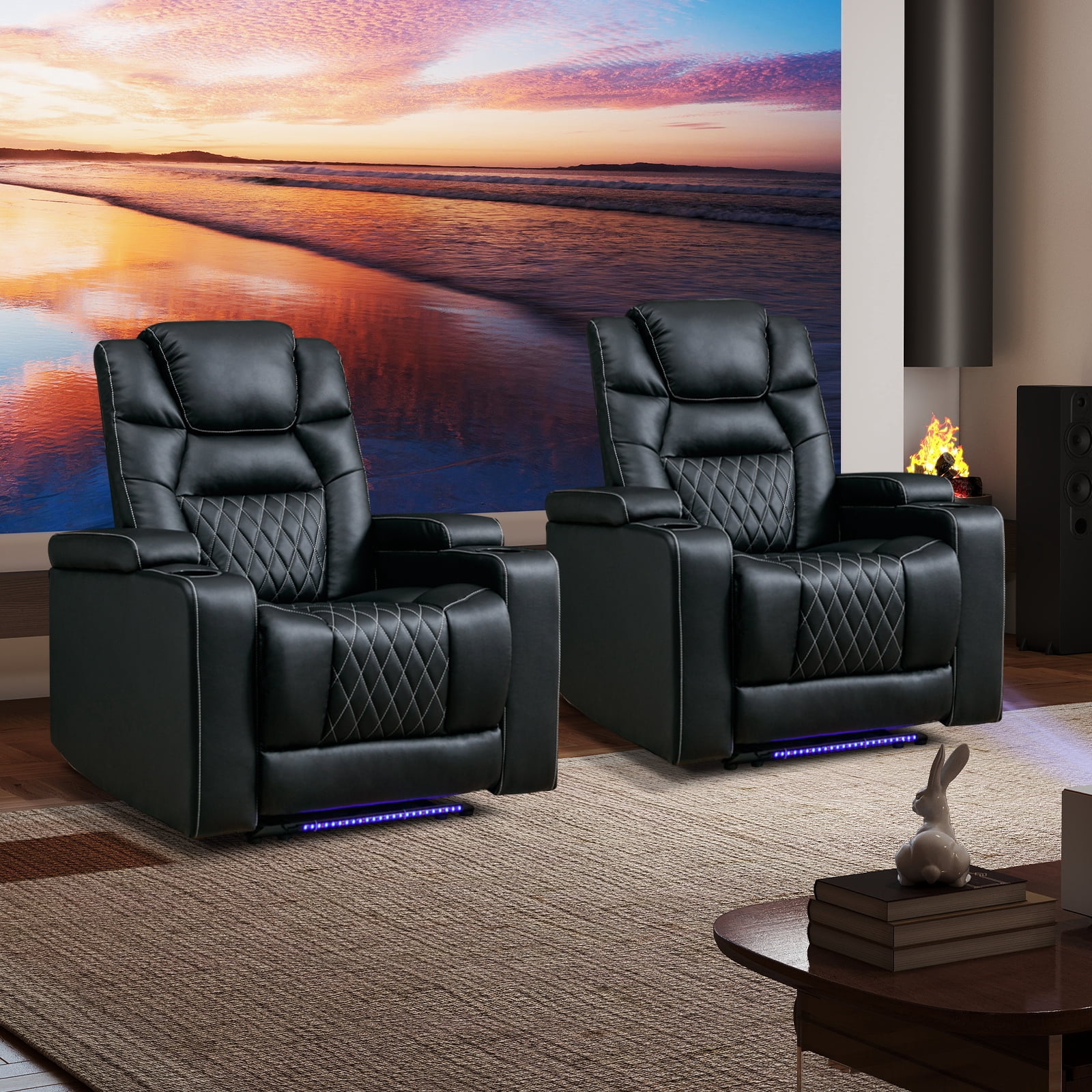 Bonzy Home Electric Power Recliner Reclining Chair with USB Ports and Cup Holders, Home Theater Seating with LED Light Movie & Media Room Chairs
