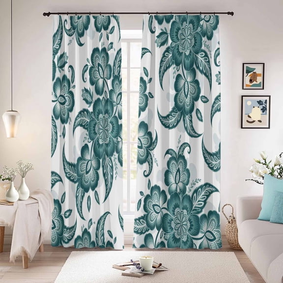Teal Green Flower Blackout Curtains for Bedroom/Living Room, Pinch Pleated Black Out Curtains, Abstract Vintage Ethnic Floral Room Darkening Window Drapes with Hooks 2 Panels, 39"x70"