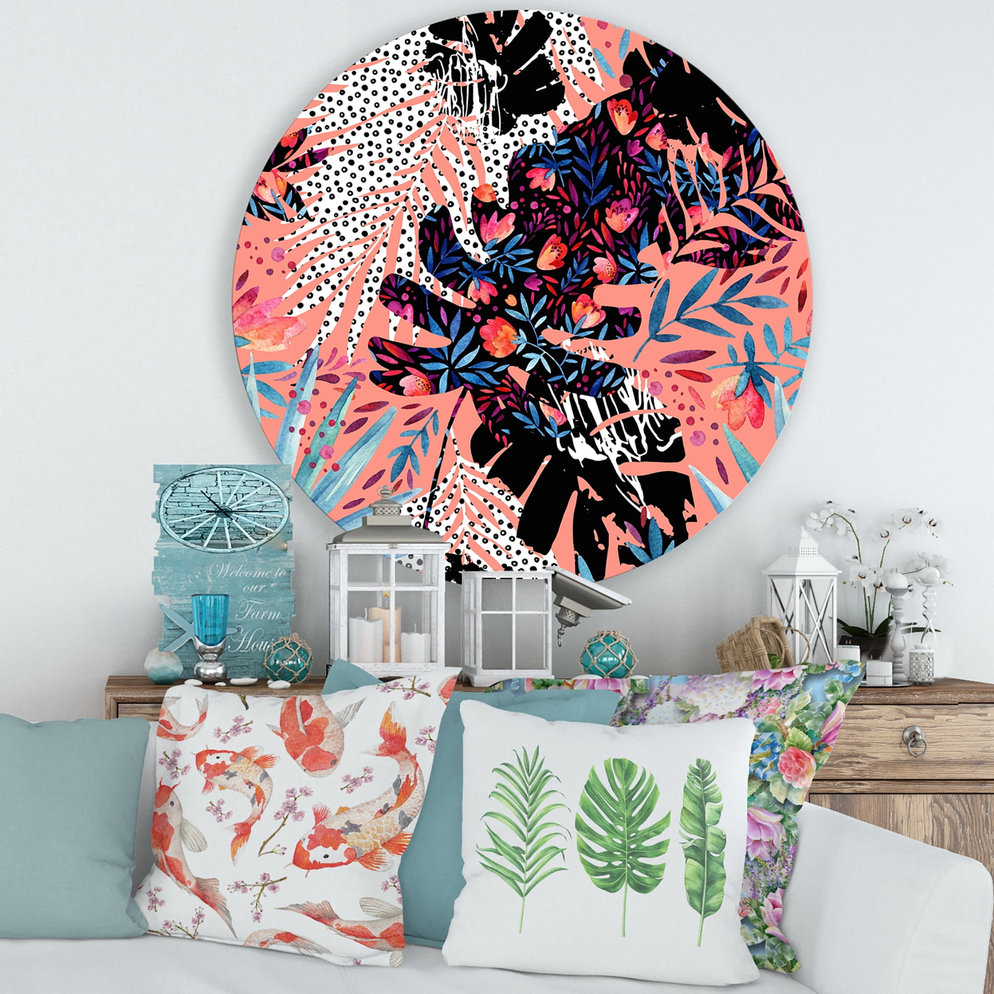 Designart 'Abstract Tropical Floral Patchwork II' Tropical Circle Metal Wall Art 36x36 - Disc of 36