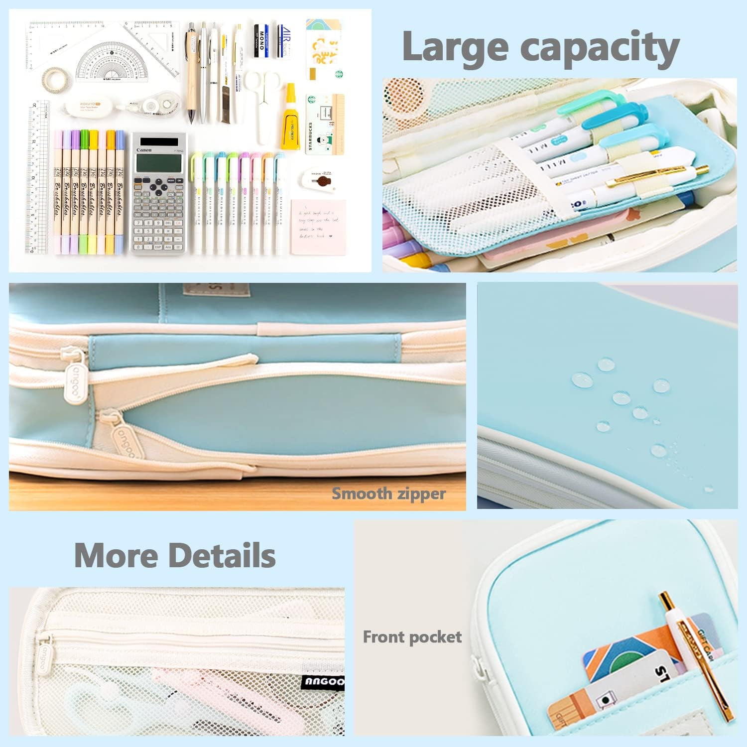 QCQHDU Big Capacity Pencil Pen Case Simple Stationery Bag College Office Organizer Blue
