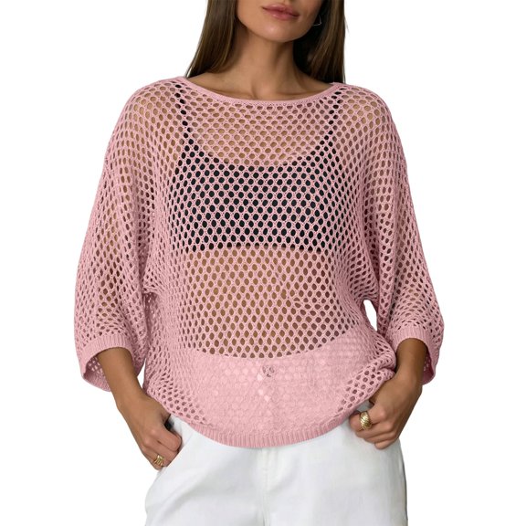 WULMLEO Crochet Tops for Women Summer Beach Swim Cover Ups Knit Beach Cover Up Short Sleeve Hollow Out Shirts Pink S