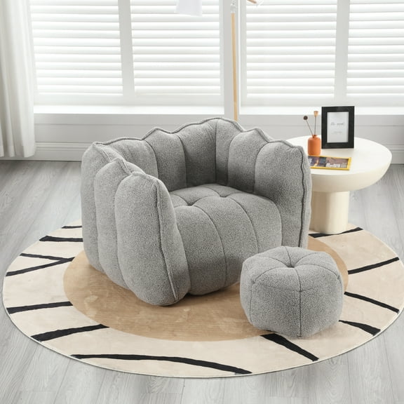 Soft Square Bean Bag Chair with High Resilient Foam Chips and Footstool, Comfortable Lazy Floor Sofa for Adults, Ideal for Gaming, Reading, or Watching TV in Living Room or Bedroom, Gray