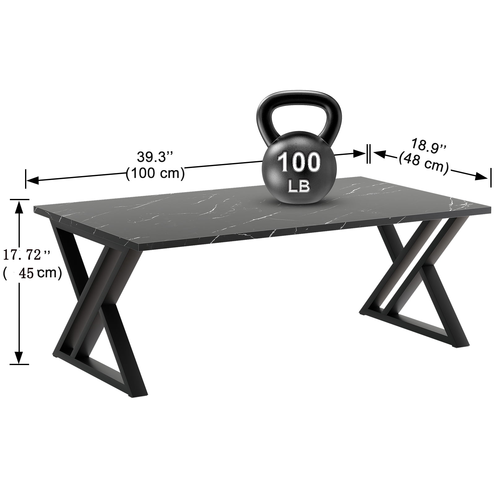 Coffee Table Living Room Table Black Center Table, Simple Modern Faux Marble Rectangular Tea Table with Sturdy Black-Finished Metal Frame,Industrial Wooden Coffee Table for Bedroom Home Office