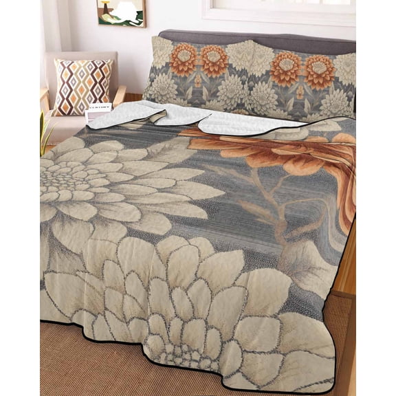 Burnt Orange Grey Flower Full Size Down Alternative Comforter, Lightweight Comforter Quilt Bedding Set with Pillow Shams Botanical Spring Floral All Seasons Bed Comforter Duvet Insert 78"x90"