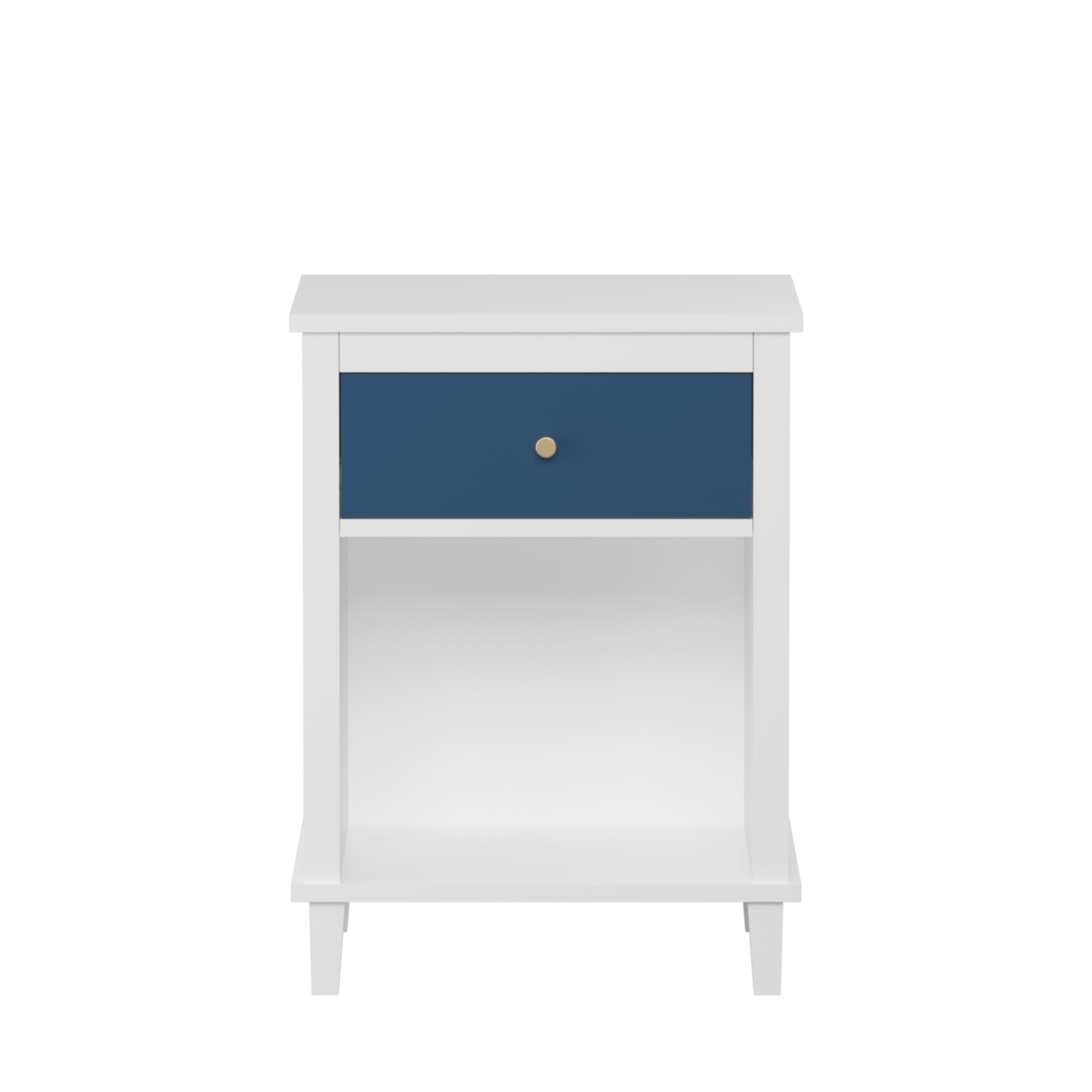Noble House 26.8" Kids and Adults Wooden Nightstand, 1-Drawer  Bedside Table with Shelf, Silver Handle, White & Navy