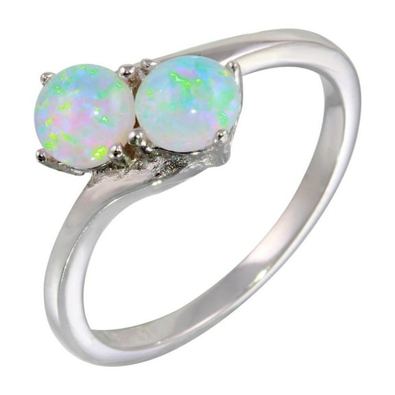 Rhodium Plated 925 Sterling Silver Twin Simulated Opal Ring Band White CZ Jewelry Female Size 8