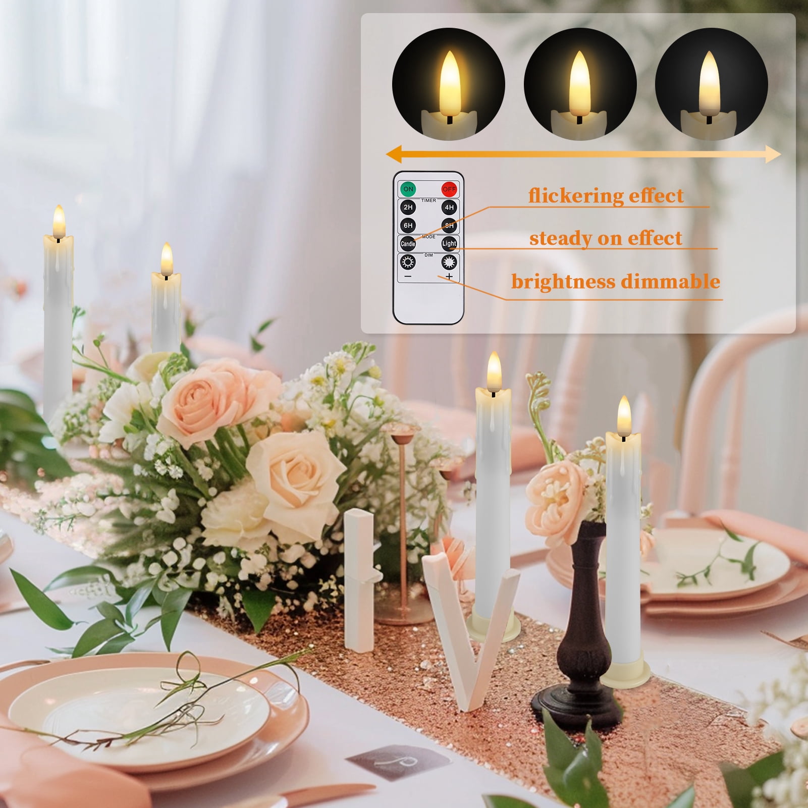 Debonair Flameless Taper Candles Flickering with Remote Timer, Battery Operated Led Warm 3D Wick Dripping-Wax Light Window White Fake Candlesticks with Holder, Christmas Home Wedding Decor(0.7X6.6)