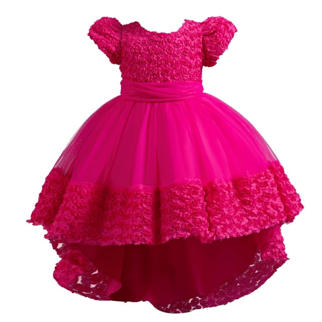 Huvoen Robe d'Été Mignonne Enfants Rose Fleur Jupe Train Gâteau Robe Princesse Fille Nœud Papillon Robe Bouffante Rose 130