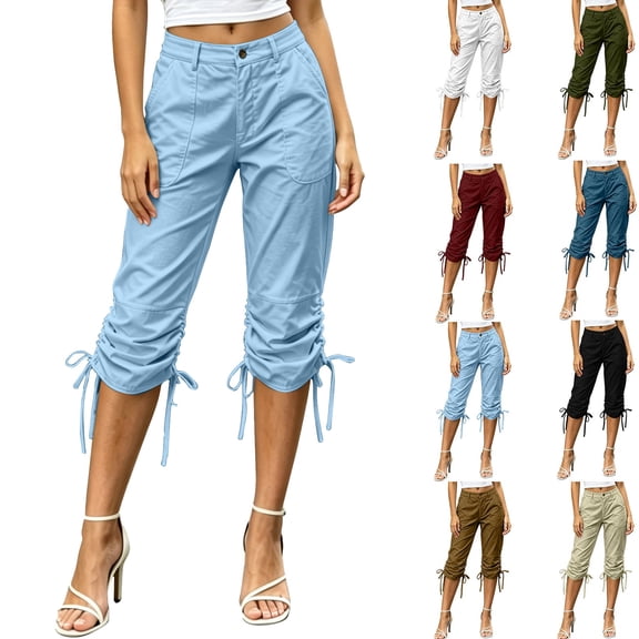 Cekizud Capri Pants for Women High Rise Button Zipper Waist Ruched Drawstring Calf Capri Trousers,Sizes S-2XL