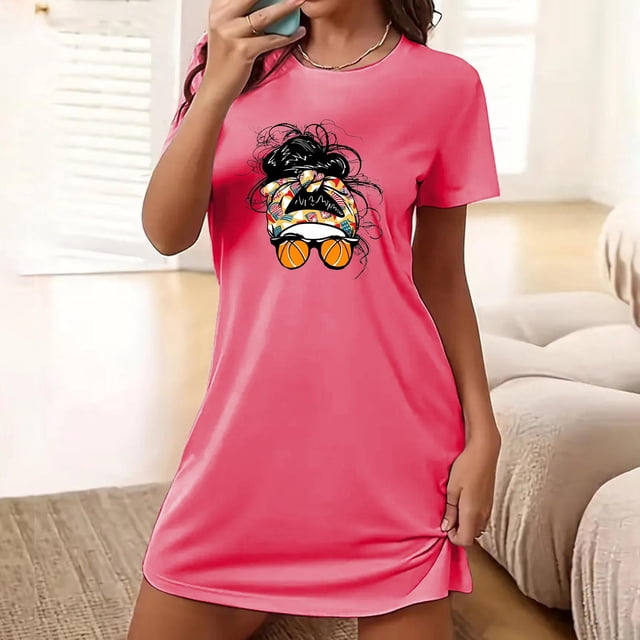 Camisón corto de talla grande para mujer, camisón de manga corta con estampado de pecho a la moda, camisón para mujer