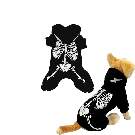 Qocolcyl Halloween Skeleton Glow In The Dark Dog Hoodie Costume,Luminous Skeleton Print Fabric Pet Clothes, Soft Cloth Warm Puppy Outfit for Small Medium Large Dogs, Holiday Party Cosplay Pet Apparel
