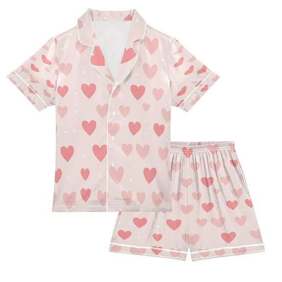 Silky Satin Kids' Pajama Set Breathable & Smooth Unisex Button-Down Pajamas Pink Love Heart