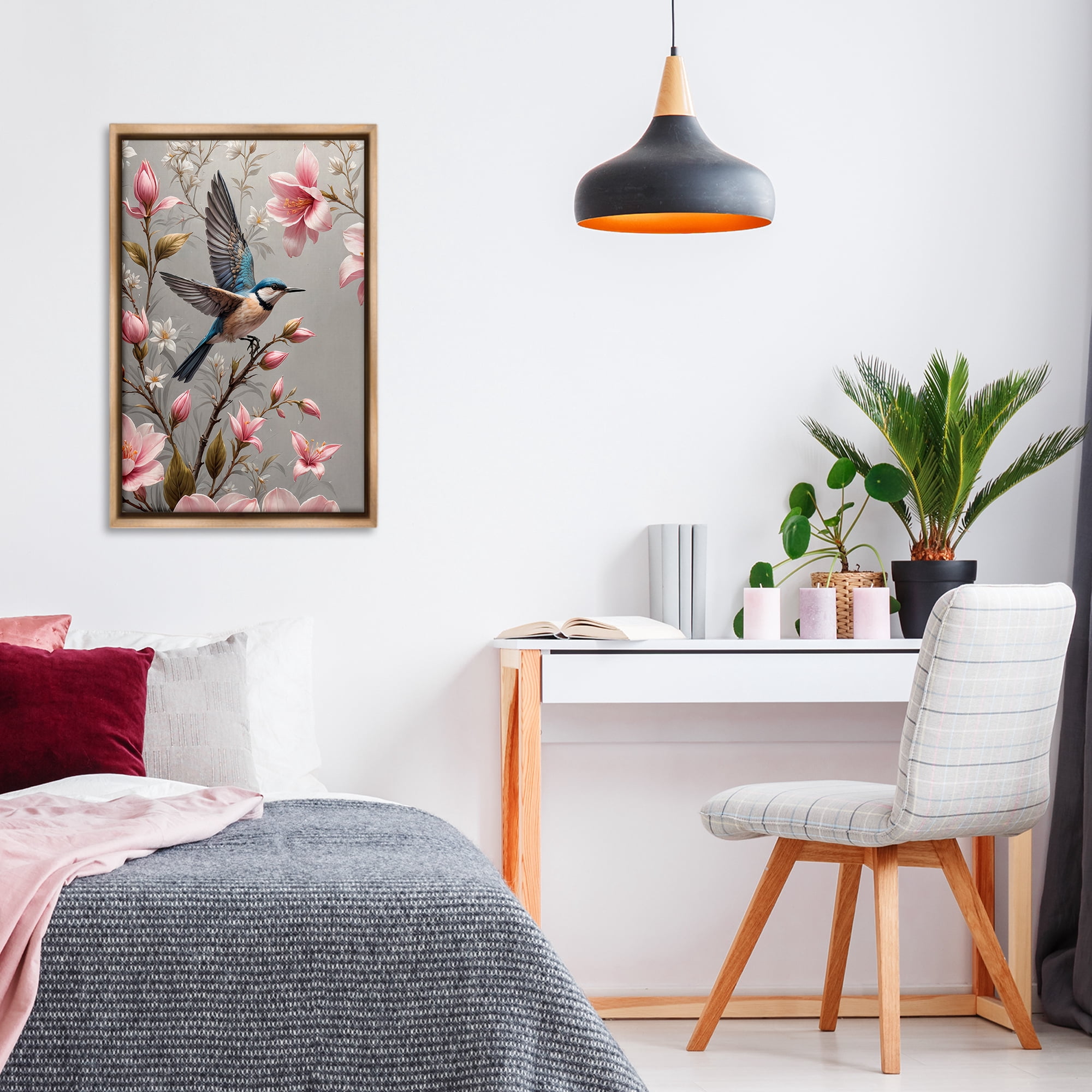 Stupell Industries Soft Pink Florals with Bird Animals Painting Brown Floater Framed Canvas Art Print Wall Art, 21 x 31