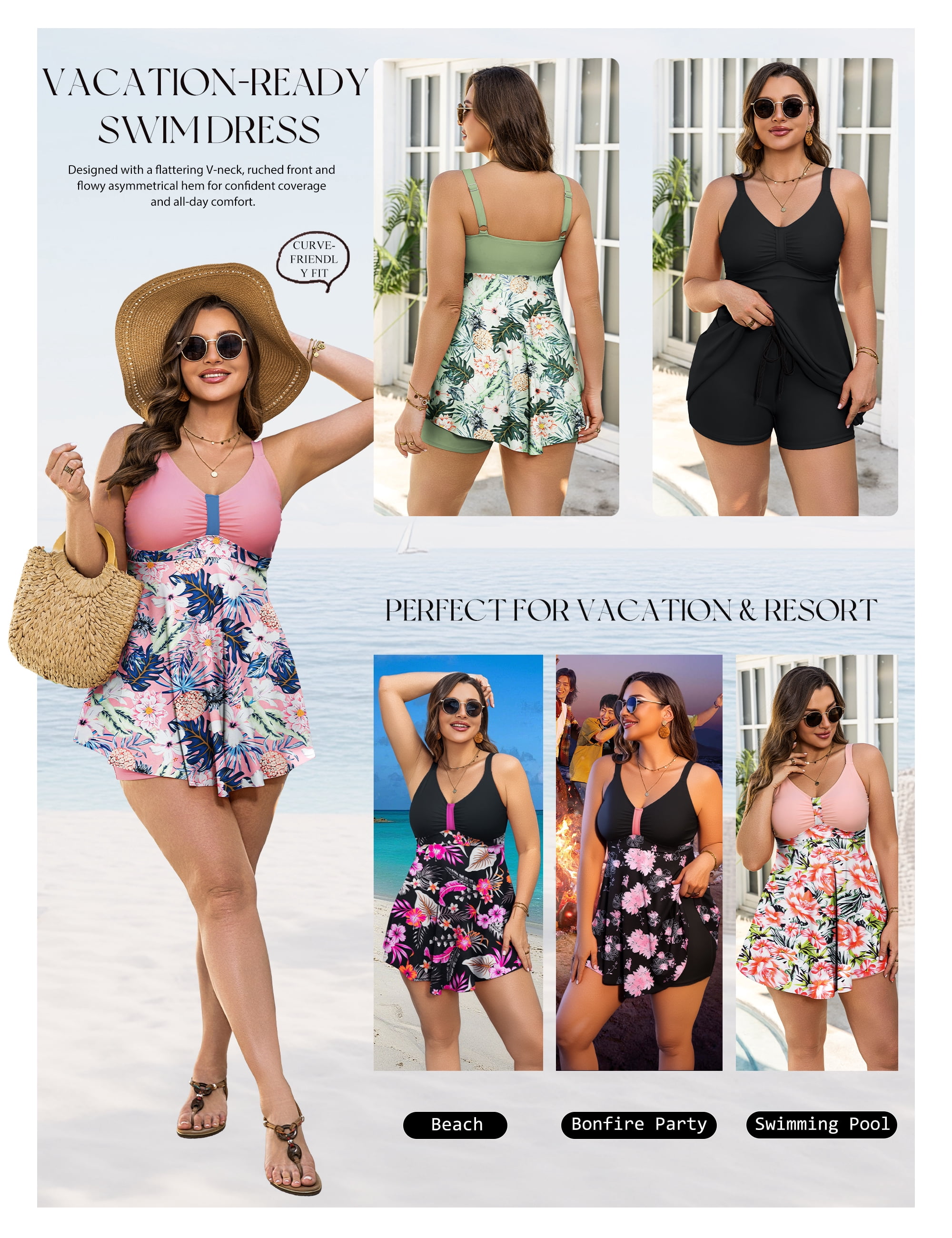 a.Jesdani Women Plus Size Swimsuit Two Piece Tummy Control Bathing Suits Flowy Tankini Swimwear with Drawstring Boys Shorts Swim Dress Pink 2X