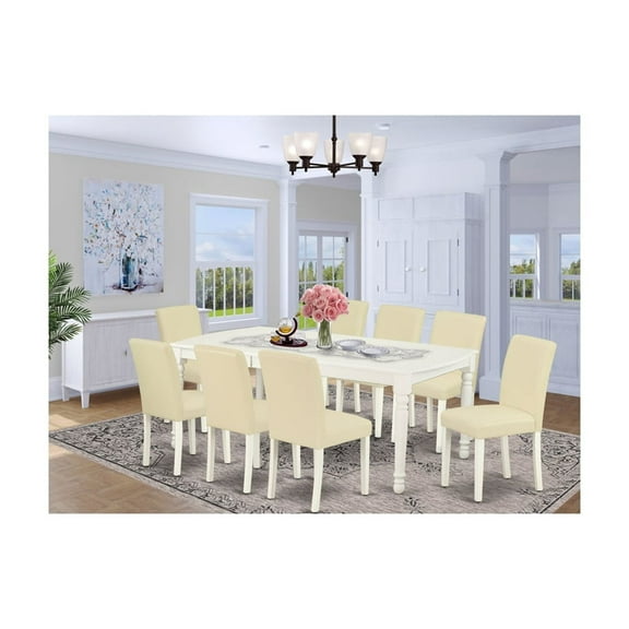60" x 78" Dining Table Set - 9pc with Leaf & 8 Chairs - White PU Leather
