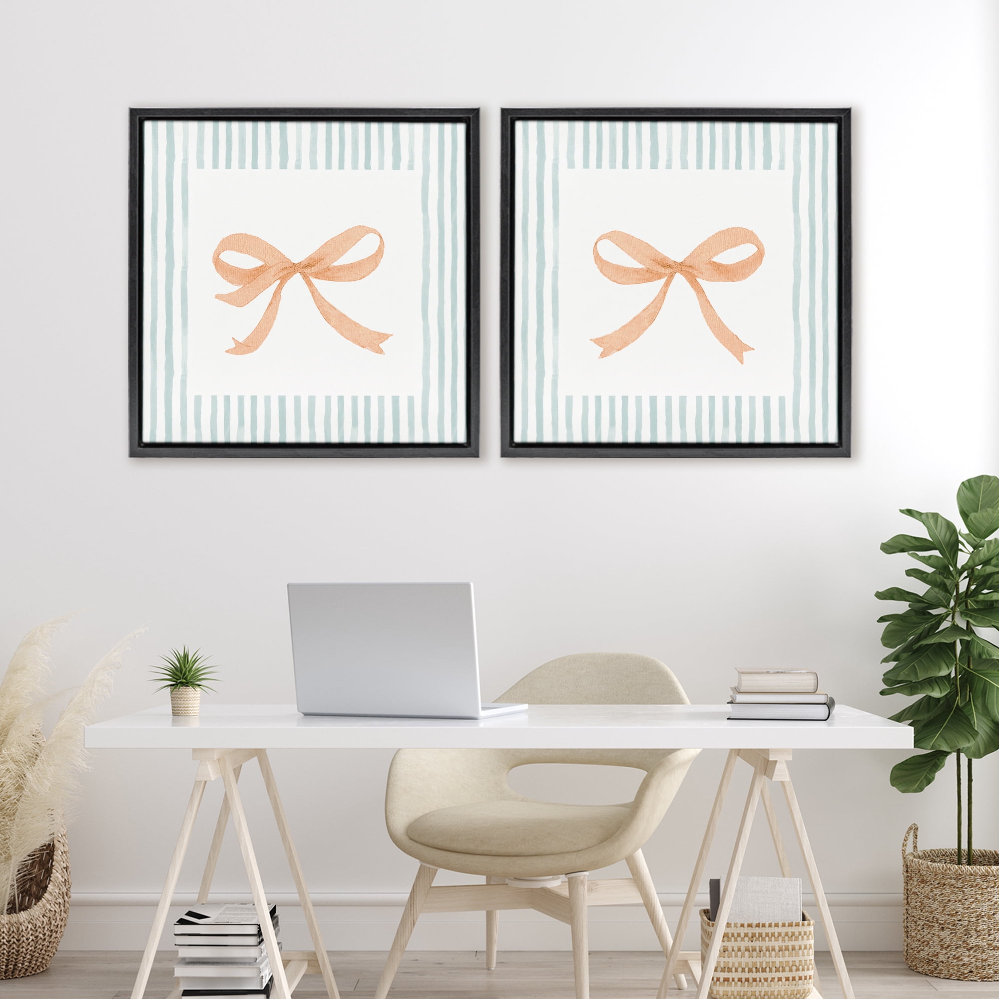 Stupell Industries Orange Bows and Blue Stripes 2 Piece Black Framed Floater Canvas Set, design by Patricia Pinto