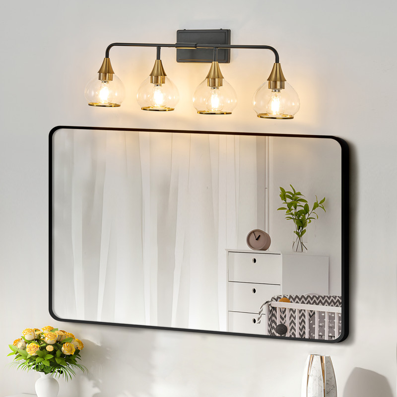 31" Modern Black and Gold 4-Light Bathroom Vanity Light Fixture, Clear Glass Shades Wall Sconce for Mirror, Living Room, or Vanity (Bulbs Not Included)