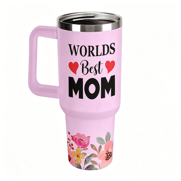 40 oz Worlds Best Mom Floral Tumbler with Handle and Straw, Insulated Stainless Steel Travel Cup for Mother's Day Gifts