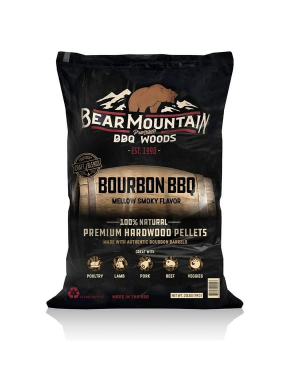BEAR MOUNTAIN Premium BBQ WOODS Premium All Natural Bourbon Craft Blend Smoker Wood Chip Pellets for Outdoor Gas, Charcoal, and Electric Grills, 20 Pound Bag