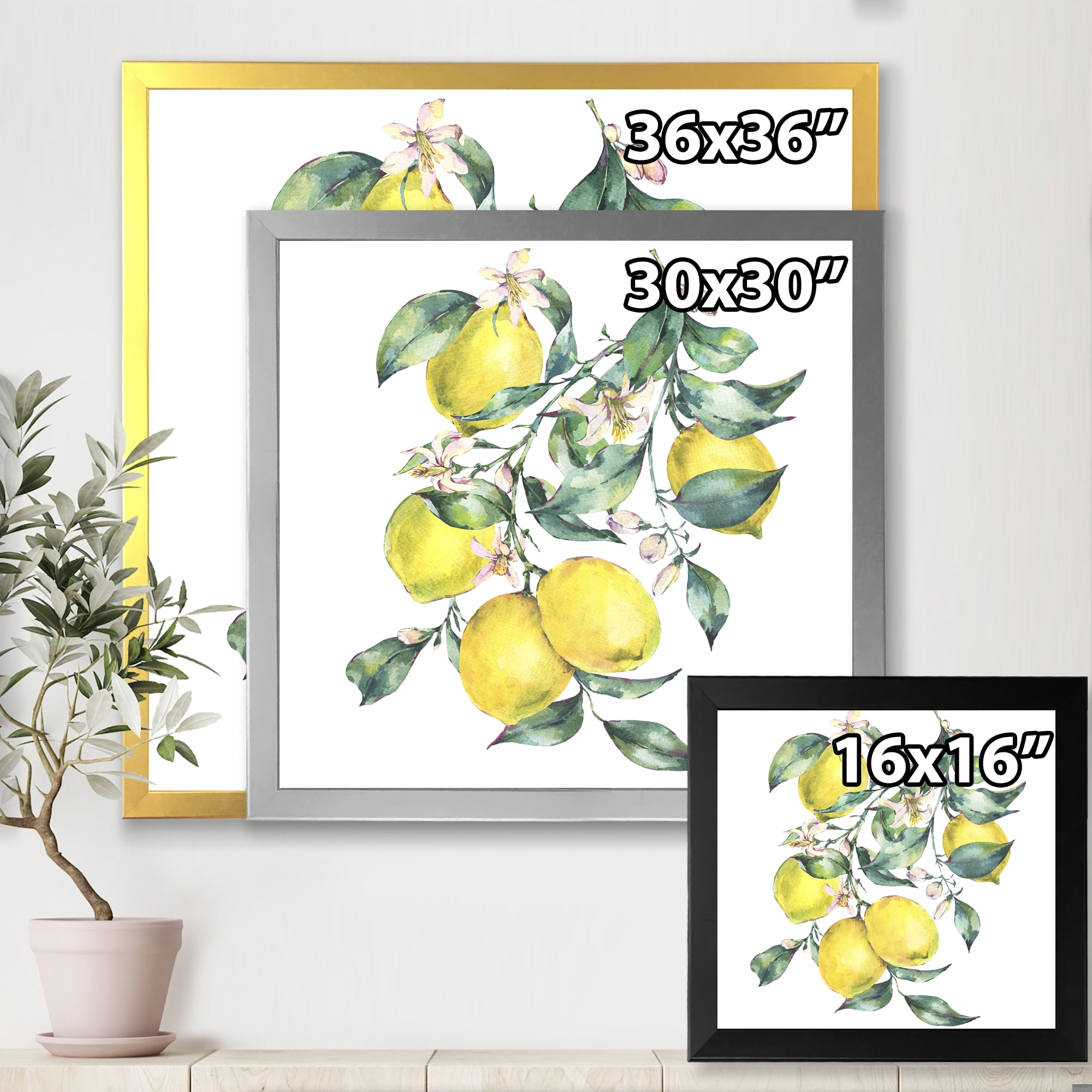 Designart 'Branch of Leaves and Yellow Lemons I' Tropical Framed Art Print
