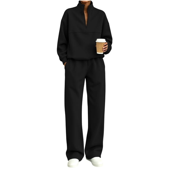 successthop Sweatsuits for Women with Zipper 2 Piece Long Sleeve Sweatshirt Fleece Sweatpant Solid Tracksuit with Pocket