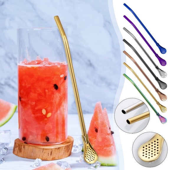 Stainless Steel Straw Spoon, Coffee and Milk Tea Stirring Spoon Featuring Beverage Filtering Design With Included Straw Brush for Home Kitchen and Cafe Use, Reusable and Easy To Clean Blahzhy