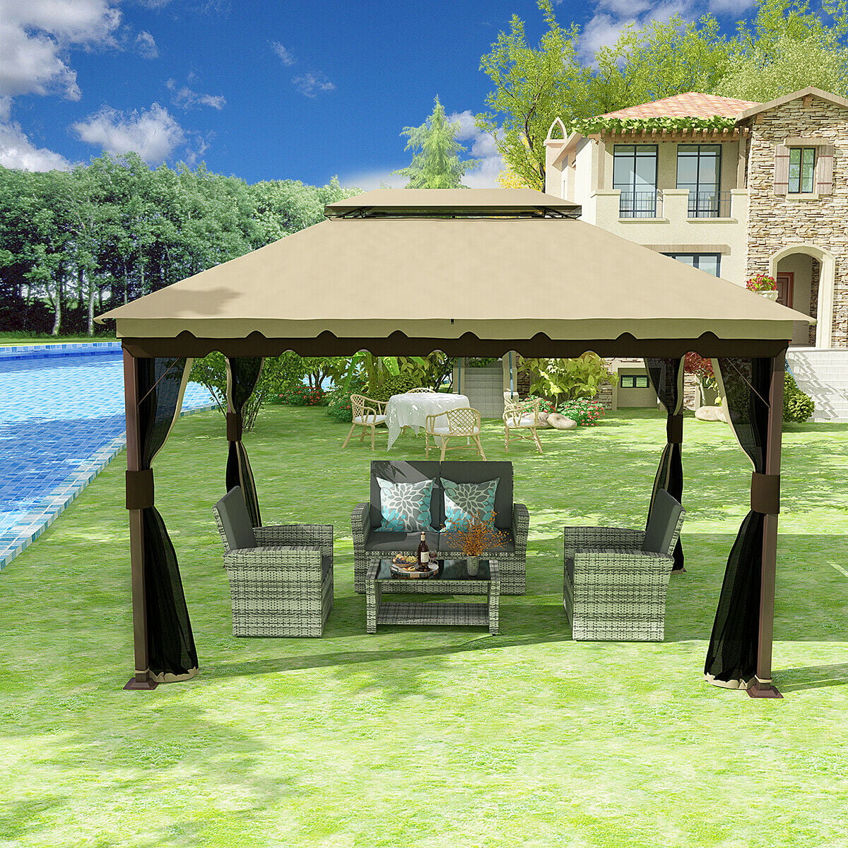 YITAHOME 10x12 ft Gazebo for Patio Backyard and Deck 10 X 12 Khaki Garden Outdoor Double Roof Canopy Gazebo with Mosquito Netting, Soft Fabric Top Garden Winds Tent with Steel Frame for Lawn 