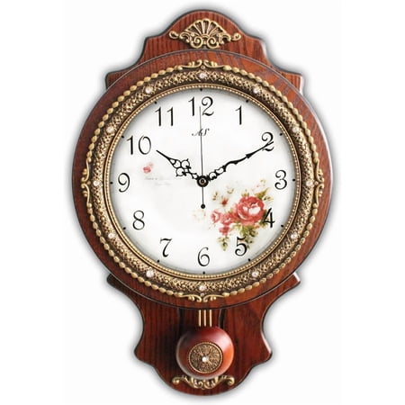 Wall Clock with Swinging Pendulum, Retro Style Silent Clock with Crystal Decoration, Vintage Decor European Victoria Wood Clock for Indoor Bedroom Living Room, W166-1A