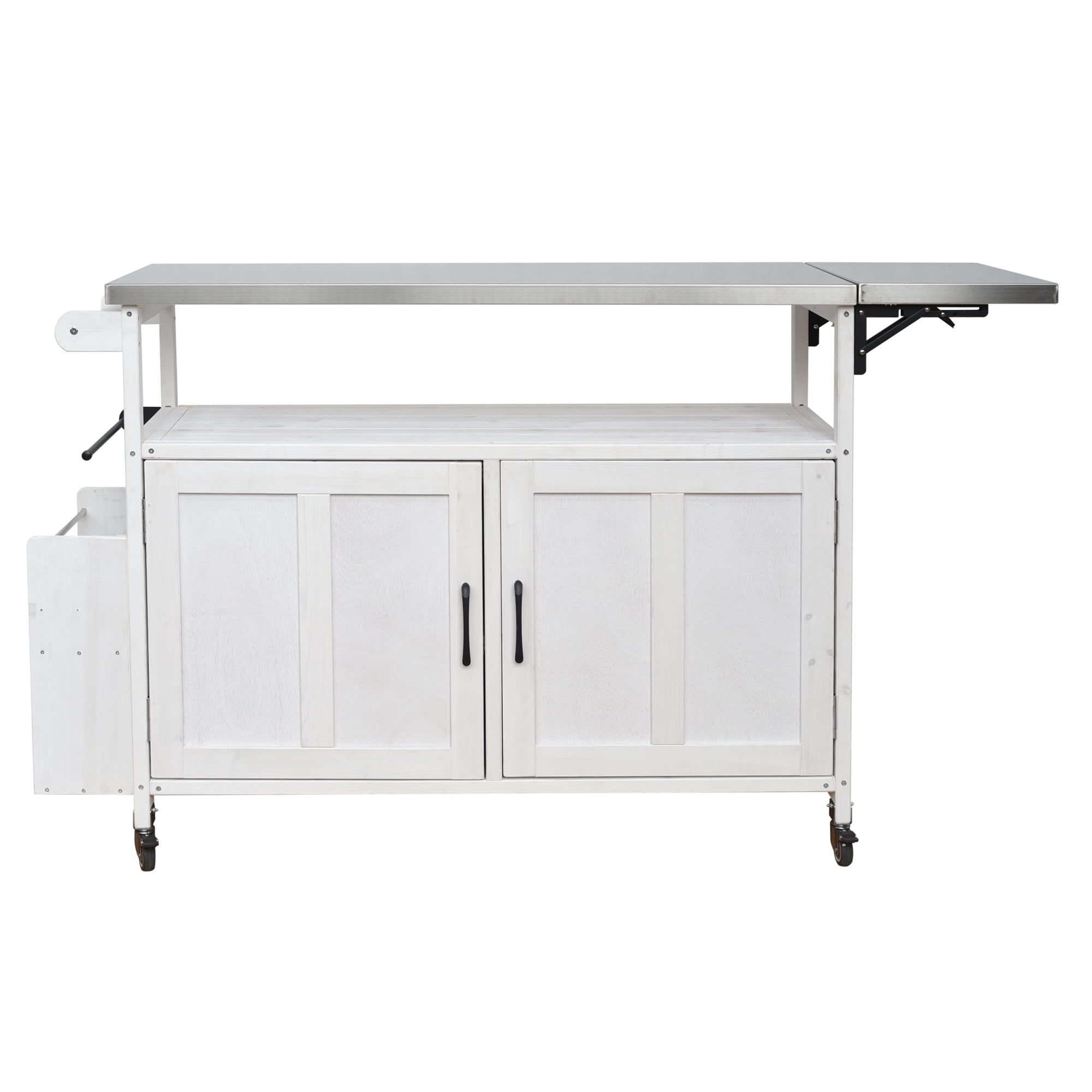 Harper & Bright Designs Outdoor Extendable Kitchen Island with Wheels, Patio Kitchen Cart with Foldable Stainless Steel Top, Portable Prep Station with Storage Cabinet and Towel Rack, White
