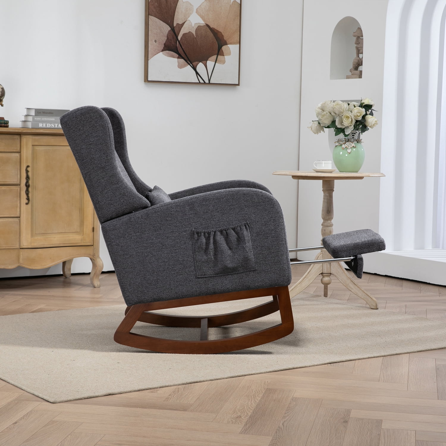 Miekor Furniture 25.4" W Modern Rocking Chair for Nursery,Mid Century Accent Arm Rocker With Retractable Footrest,Side Pocket,Comfy Upholstered Wingback Wooden Glider Chair MK3968