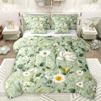 Manfei Western Floral Flower Bedding Comforter Set 7pcs for Adult, Green Leaf Botanical King Bedding Sets, Mandala Bohemian Reversible Bed Sheets, Lightweight Room Decor