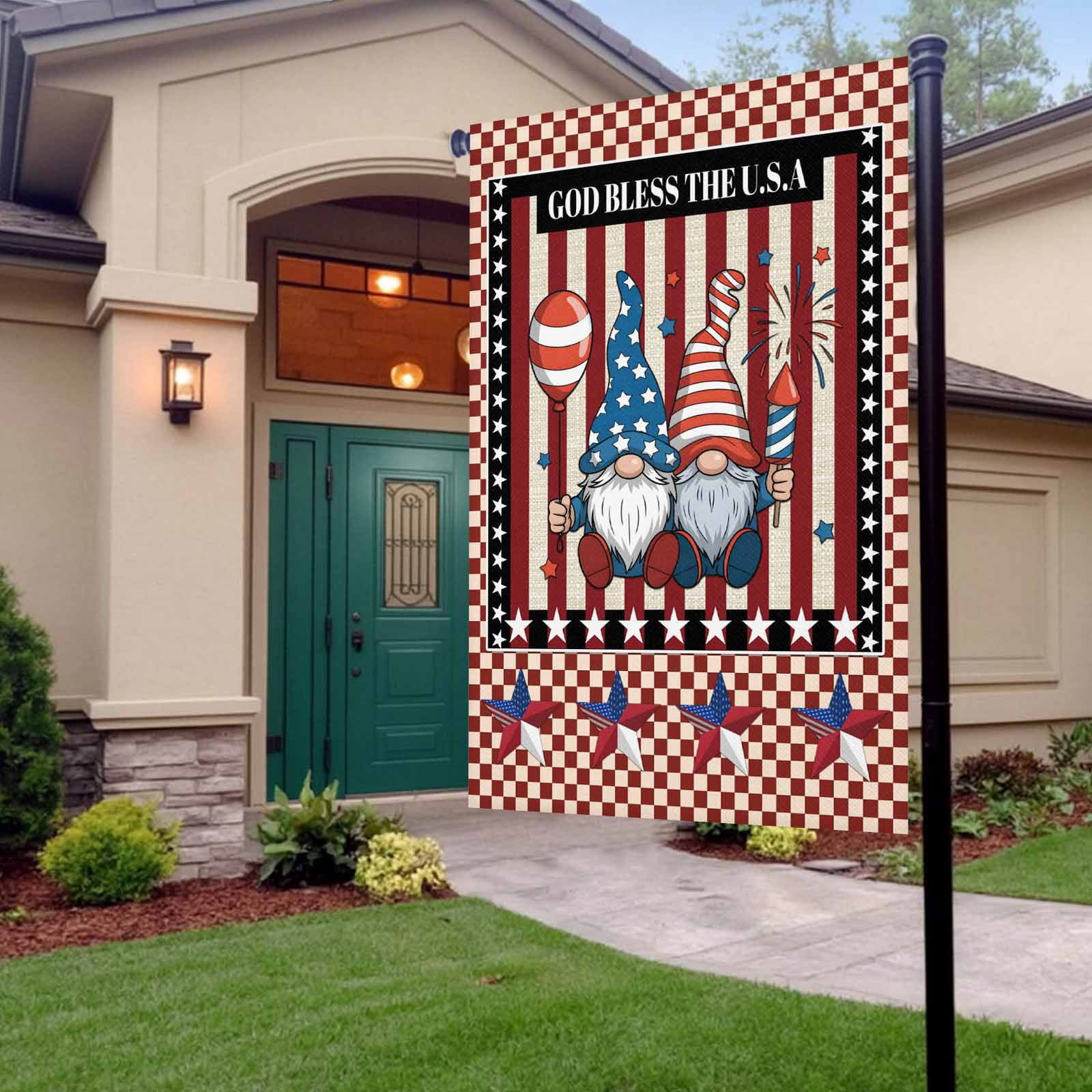 4th of July Garden Flags Patriotic Stars Stripes Garden Flag Double Sided Welcome Flag Gnomes God Bless USA Independence Day Yard Flags for Outdoor Lawn Porch Memorial Day Holiday Decor 28x40 Inch