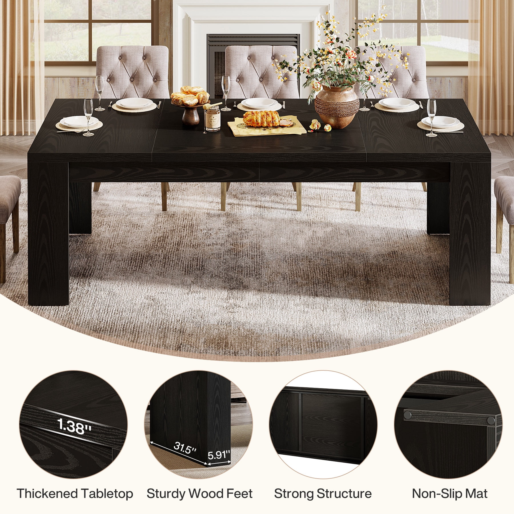 Fnova 70.9" Farmhouse Dining Table for 6-8 People, Large Wood Rectangle Sturdy Kitchen Table Modern Dining Room Furniture, Black